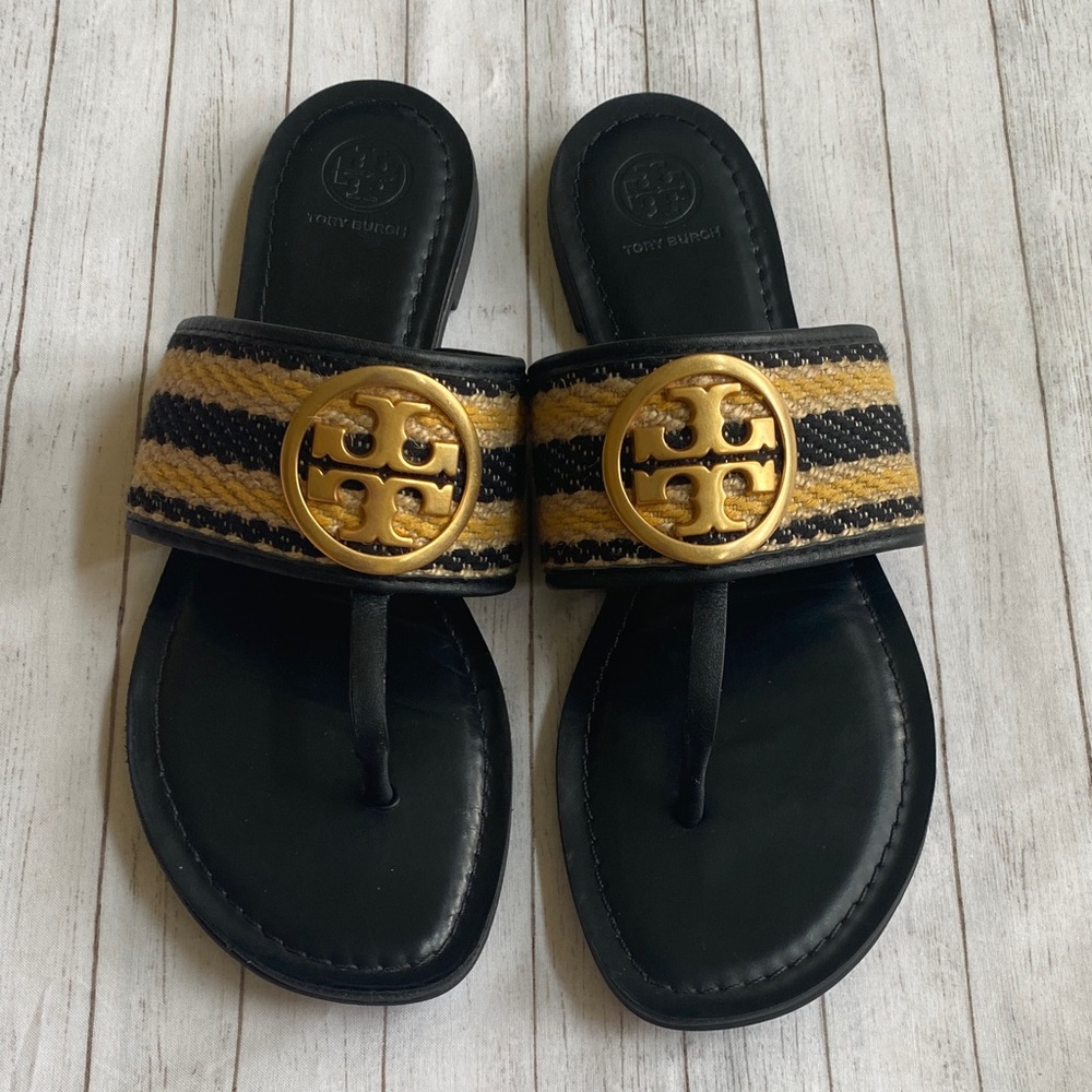 Tory Burch Black and Gold Leather Slide Sandals. Size 10.